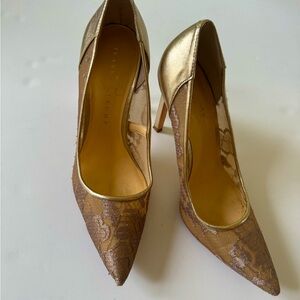 IVANKA TRUMP pointed toe gold and taupe lace pumps - sz. 8